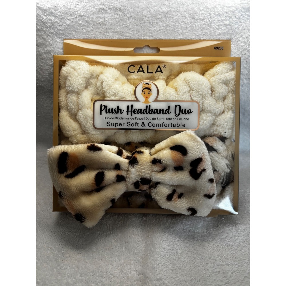 Cala Plush Headband Duo 2pk Cream Leopard Print Spa Makeup Headbands 69238